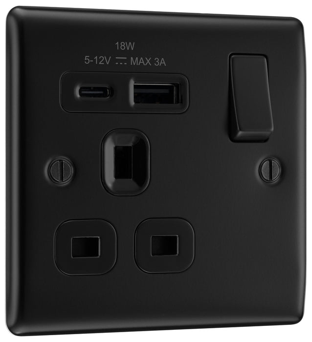 BG NFB21UAC18B Nexus Metal 13A Single Switched Power Socket + USB A+C (18W) - Matt Black + Black Insert - westbasedirect.com