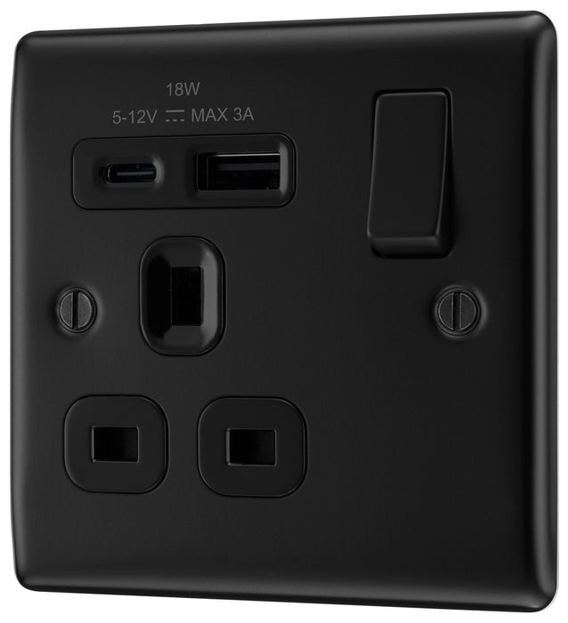 BG NFB21UAC18B Nexus Metal 13A Single Switched Power Socket + USB A+C (18W) - Matt Black + Black Insert - westbasedirect.com