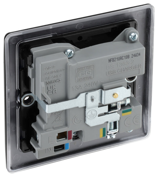 BG NFB21UAC18B Nexus Metal 13A Single Switched Power Socket + USB A+C (18W) - Matt Black + Black Insert - westbasedirect.com