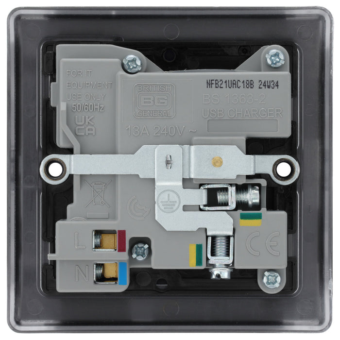 BG NFB21UAC18B Nexus Metal 13A Single Switched Power Socket + USB A+C (18W) - Matt Black + Black Insert - westbasedirect.com