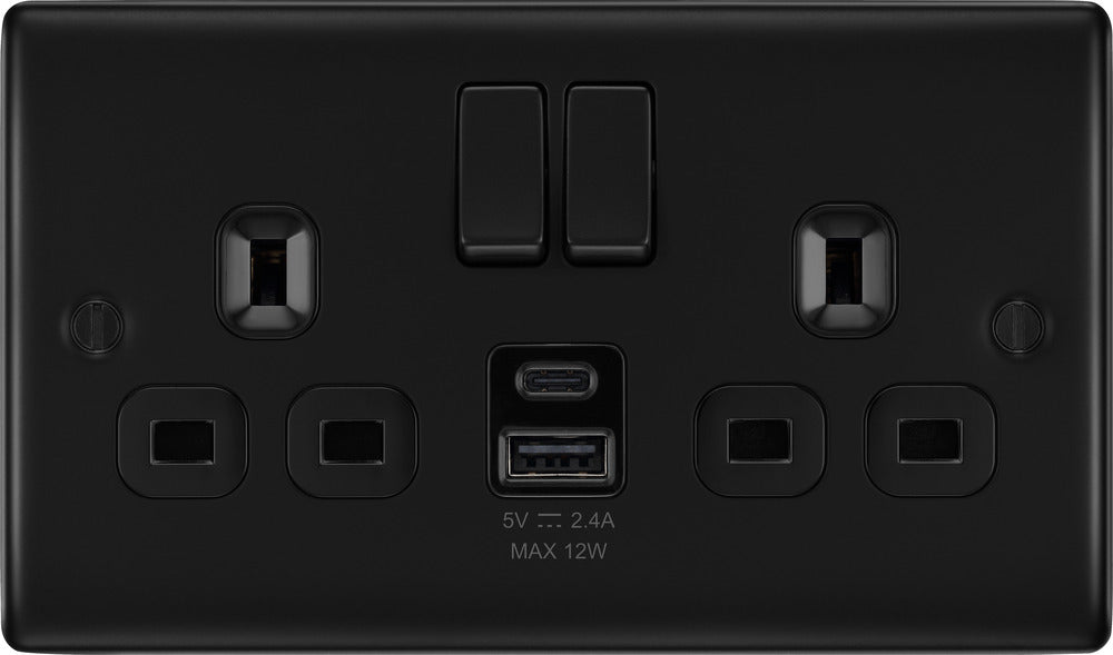 BG NFB22UAC12B Nexus Metal 13A Double Switched Power Socket + USB A+C (12W) - Matt Black + Black Insert - westbasedirect.com