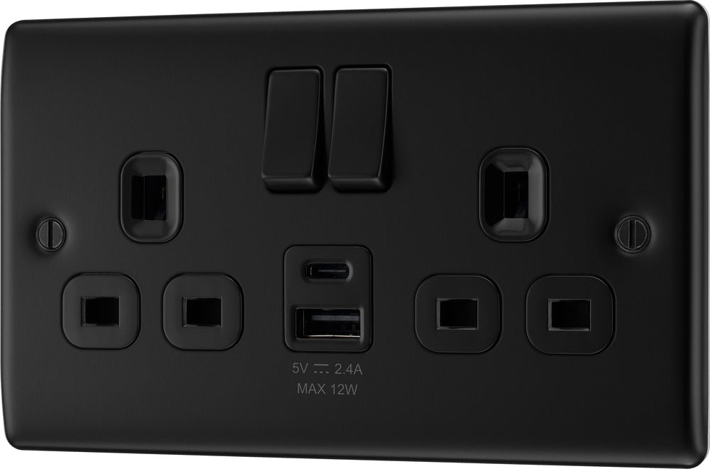 BG NFB22UAC12B Nexus Metal 13A Double Switched Power Socket + USB A+C (12W) - Matt Black + Black Insert - westbasedirect.com