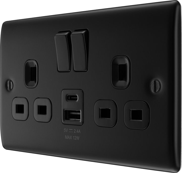 BG NFB22UAC12B Nexus Metal 13A Double Switched Power Socket + USB A+C (12W) - Matt Black + Black Insert - westbasedirect.com