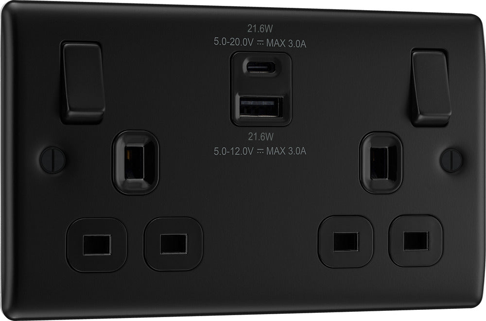 BG NFB22UAC22B Nexus Metal 13A Double Switched Power Socket + USB A+C (22W) - Matt Black + Black Insert - westbasedirect.com