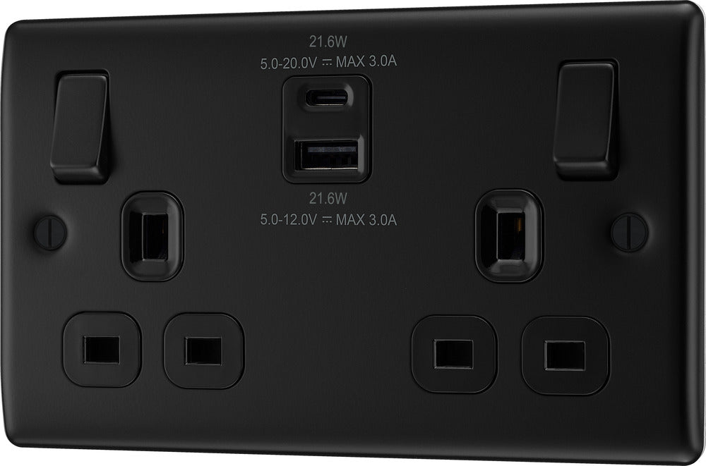 BG NFB22UAC22B Nexus Metal 13A Double Switched Power Socket + USB A+C (22W) - Matt Black + Black Insert - westbasedirect.com