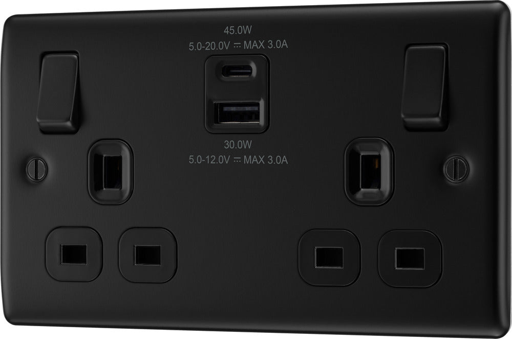 BG NFB22UAC45B Nexus Metal Double Socket + 2xUSB A+C(45W) - Black Insert - Matt Black + Black Rocker - westbasedirect.com