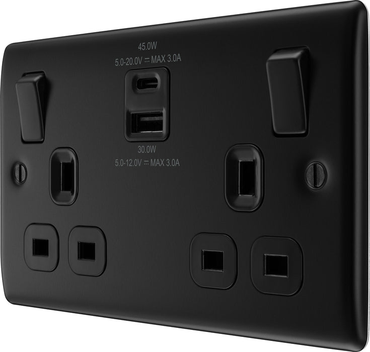 BG NFB22UAC45B Nexus Metal Double Socket + 2xUSB A+C(45W) - Black Insert - Matt Black + Black Rocker - westbasedirect.com