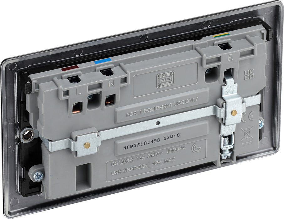 BG NFB22UAC45B Nexus Metal Double Socket + 2xUSB A+C(45W) - Black Insert - Matt Black + Black Rocker - westbasedirect.com