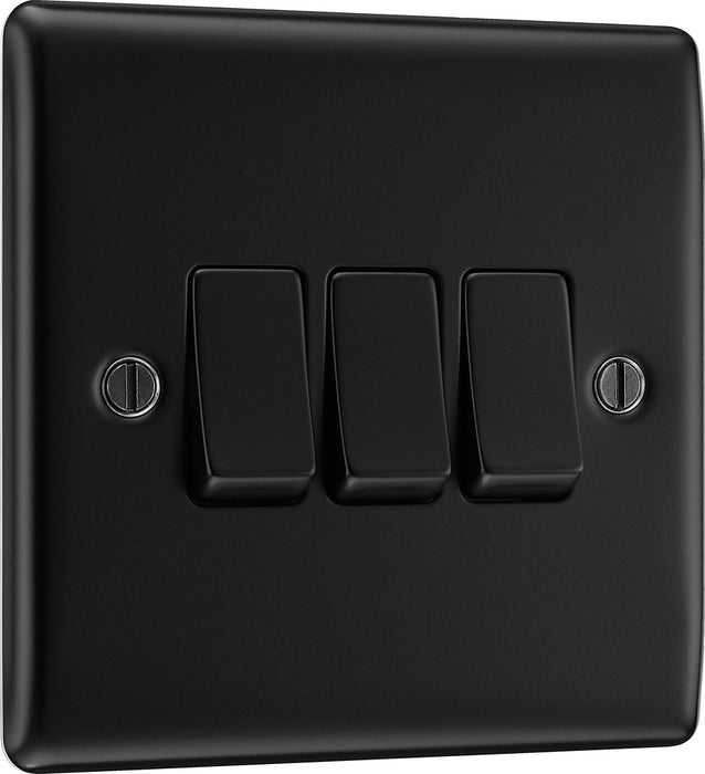 BG NFB43 Nexus Metal Triple Light Switch 10A - Matt Black + Black Rocker - westbasedirect.com