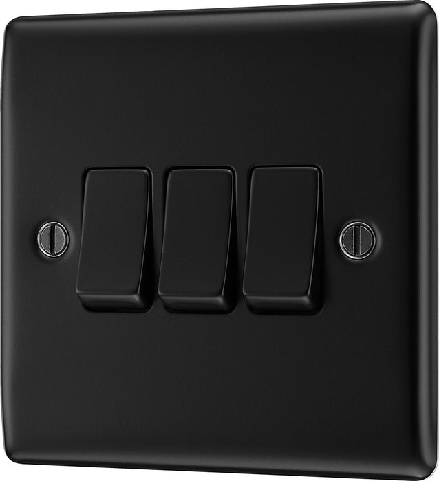 BG NFB43 Nexus Metal Triple Light Switch 10A - Matt Black + Black Rocker - westbasedirect.com