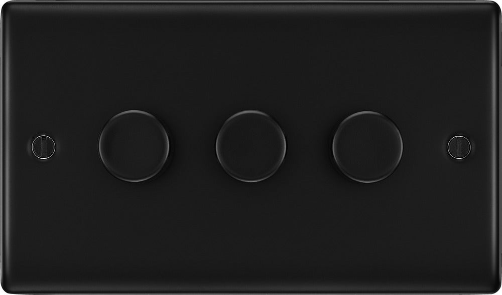 BG NFB83 Nexus Metal 2-Way Triple Trailing Edge Dimmer Push On/Off - Matt Black + Black Knobs - westbasedirect.com