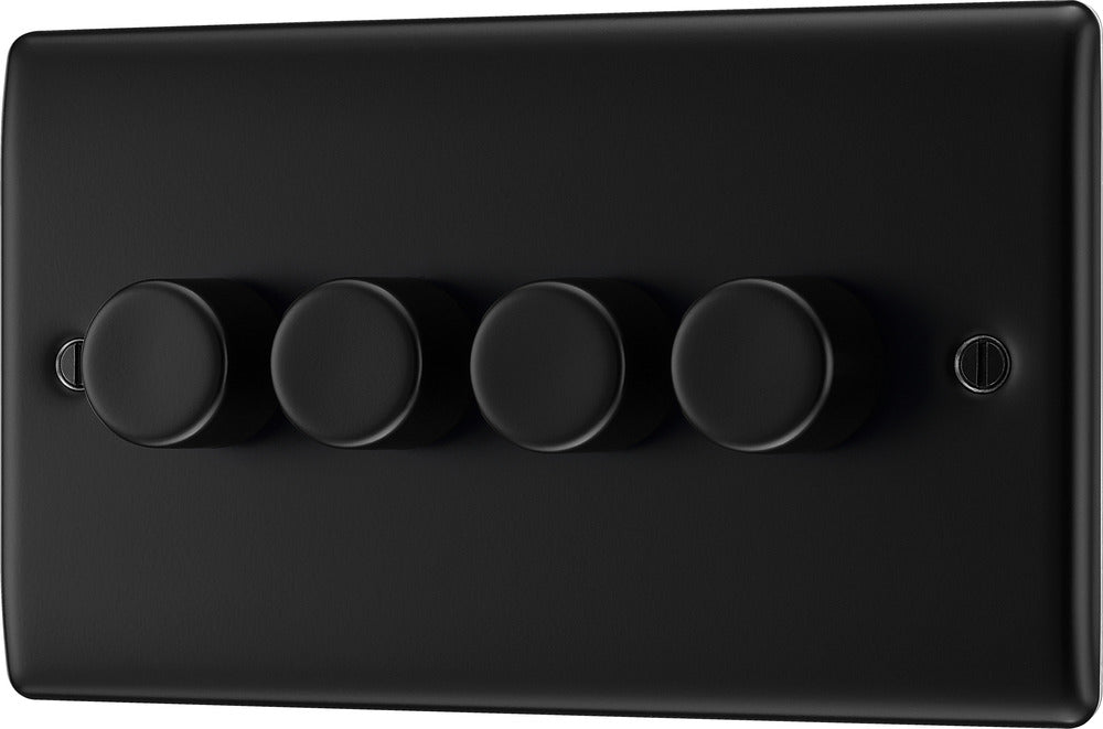 BG NFB84 Nexus Metal 2-Way Quad Trailing Edge Dimmer Push On/Off - Matt Black + Black Knobs - westbasedirect.com