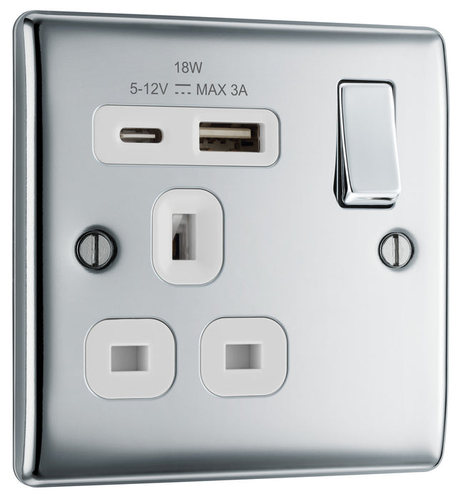 BG NPC21UAC18W Nexus Metal 13A Single Switched Power Socket + USB A+C (18W) - Polished Chrome + White Insert - westbasedirect.com