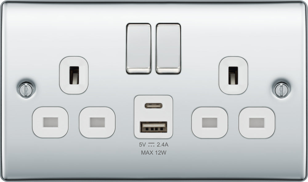 BG NPC22UAC12W Nexus Metal 13A Double Switched Power Socket + USB A+C (12W) - Polished Chrome + White Insert - westbasedirect.com