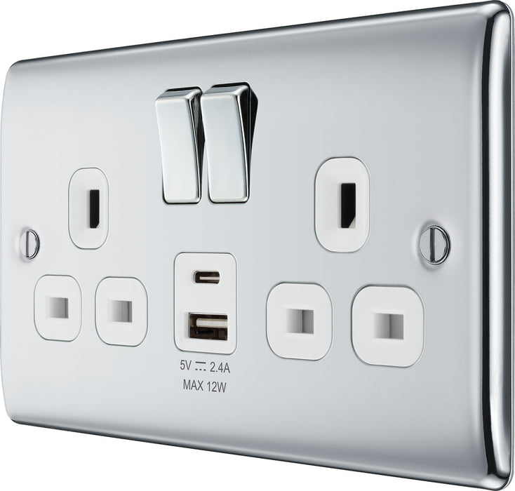 BG NPC22UAC12W Nexus Metal 13A Double Switched Power Socket + USB A+C (12W) - Polished Chrome + White Insert - westbasedirect.com
