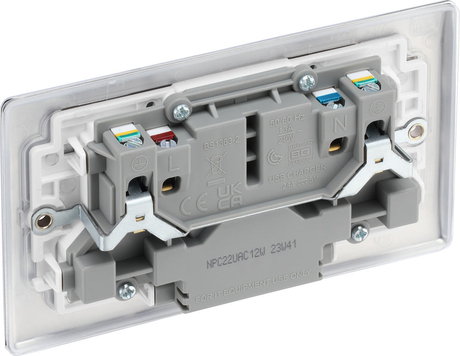 BG NPC22UAC12W Nexus Metal 13A Double Switched Power Socket + USB A+C (12W) - Polished Chrome + White Insert - westbasedirect.com