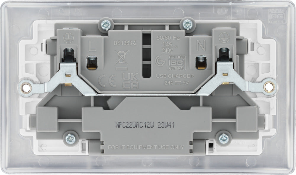 BG NPC22UAC12W Nexus Metal 13A Double Switched Power Socket + USB A+C (12W) - Polished Chrome + White Insert - westbasedirect.com
