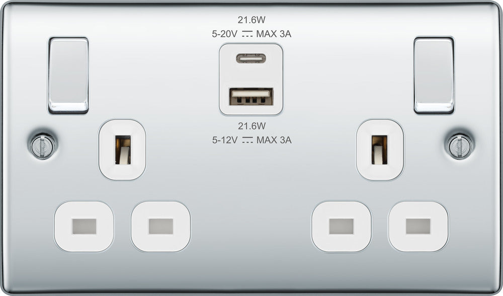BG NPC22UAC22W Nexus Metal 13A Double Switched Power Socket + USB A+C (22W) - Polished Chrome + White Insert - westbasedirect.com