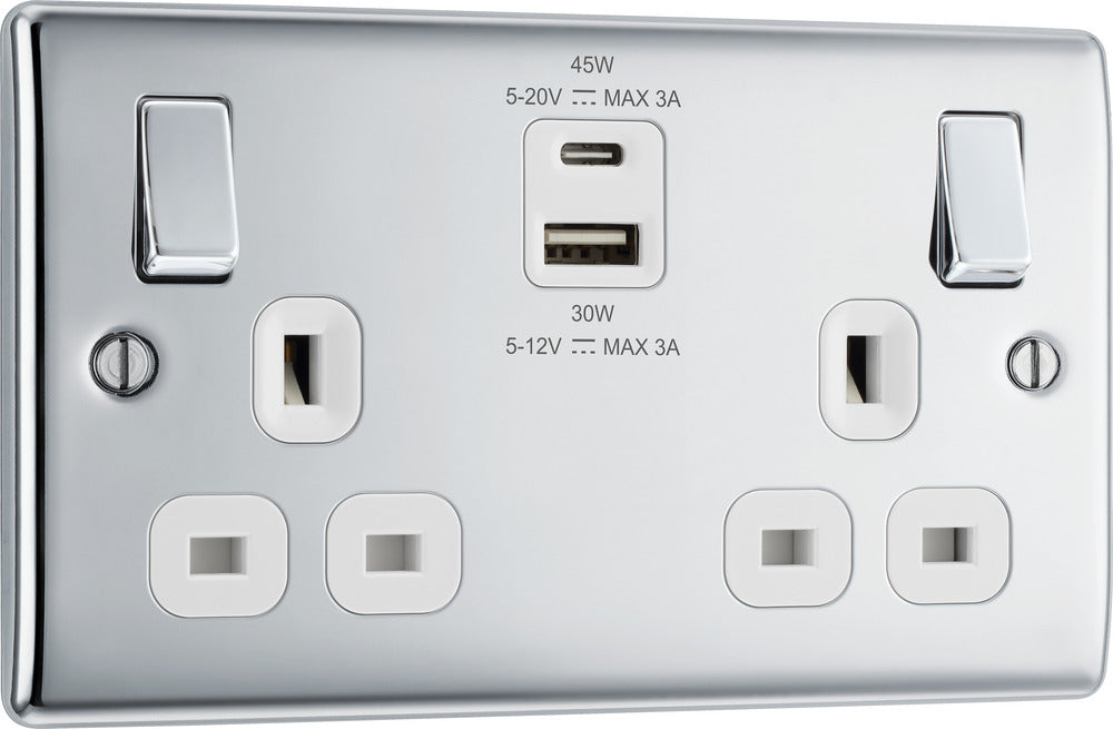 BG NPC22UAC45W Nexus Metal 13A Double Switched Power Socket + USB A+C (45W) - Polished Chrome + White Insert - westbasedirect.com