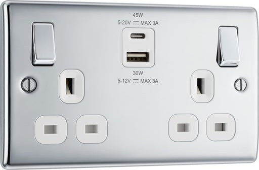 BG NPC22UAC45W Nexus Metal 13A Double Switched Power Socket + USB A+C (45W) - Polished Chrome + White Insert - westbasedirect.com