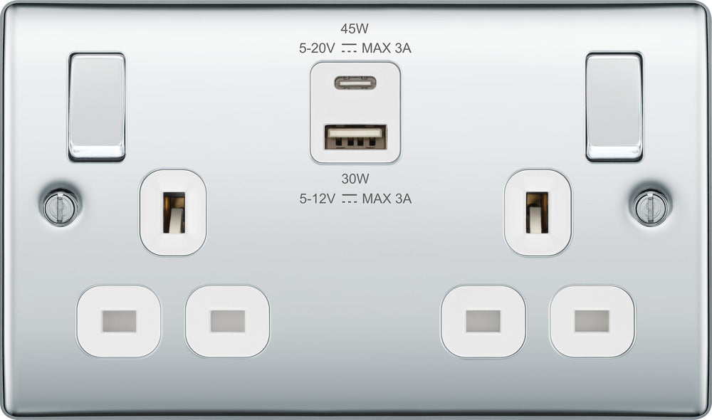 BG NPC22UAC45W Nexus Metal 13A Double Switched Power Socket + USB A+C (45W) - Polished Chrome + White Insert - westbasedirect.com