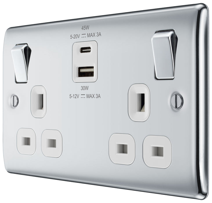 BG NPC22UAC45W Nexus Metal 13A Double Switched Power Socket + USB A+C (45W) - Polished Chrome + White Insert - westbasedirect.com