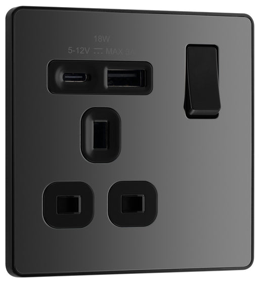 BG Evolve PCDBC21UAC18B 13A Single Switched Power Socket + USB A+C (18W) - Black Chrome (Black) - westbasedirect.com