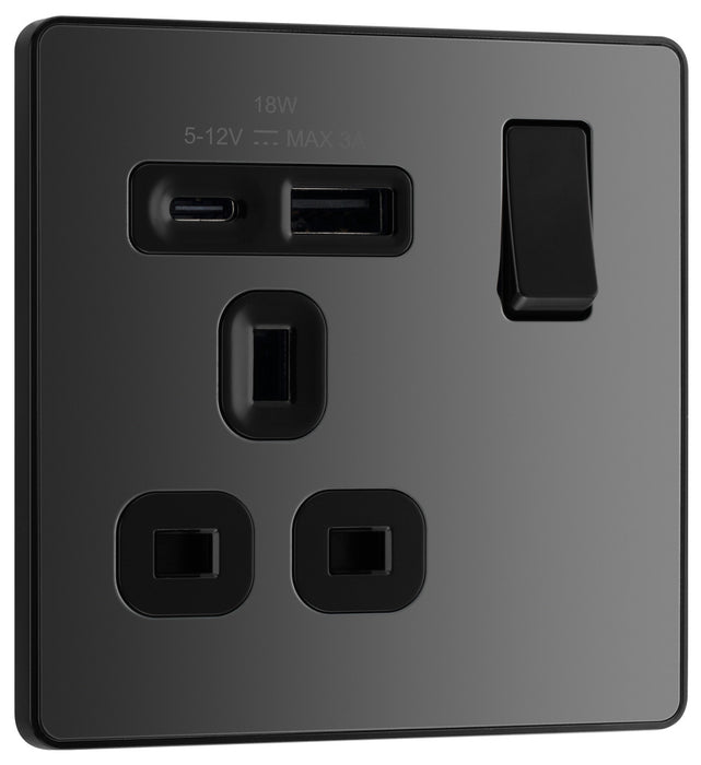 BG Evolve PCDBC21UAC18B 13A Single Switched Power Socket + USB A+C (18W) - Black Chrome (Black) - westbasedirect.com