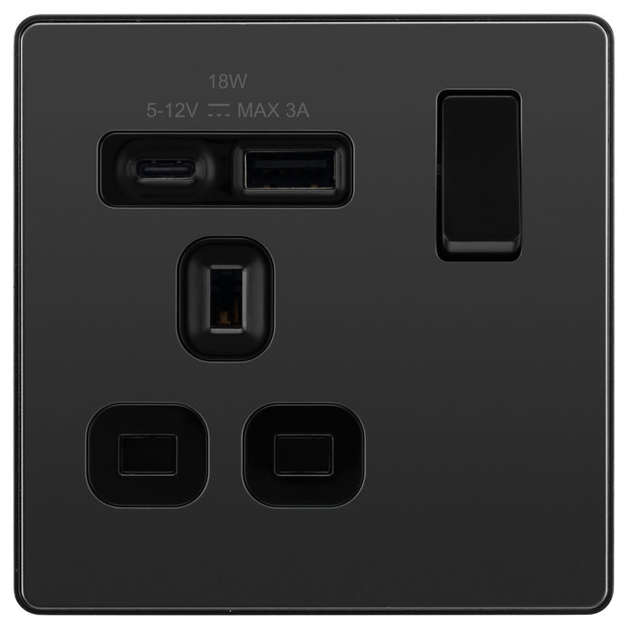 BG Evolve PCDBC21UAC18B 13A Single Switched Power Socket + USB A+C (18W) - Black Chrome (Black) - westbasedirect.com