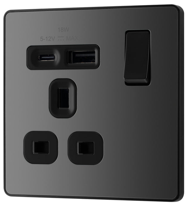 BG Evolve PCDBC21UAC18B 13A Single Switched Power Socket + USB A+C (18W) - Black Chrome (Black) - westbasedirect.com