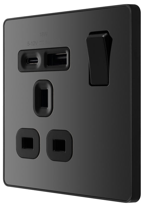 BG Evolve PCDBC21UAC18B 13A Single Switched Power Socket + USB A+C (18W) - Black Chrome (Black) - westbasedirect.com