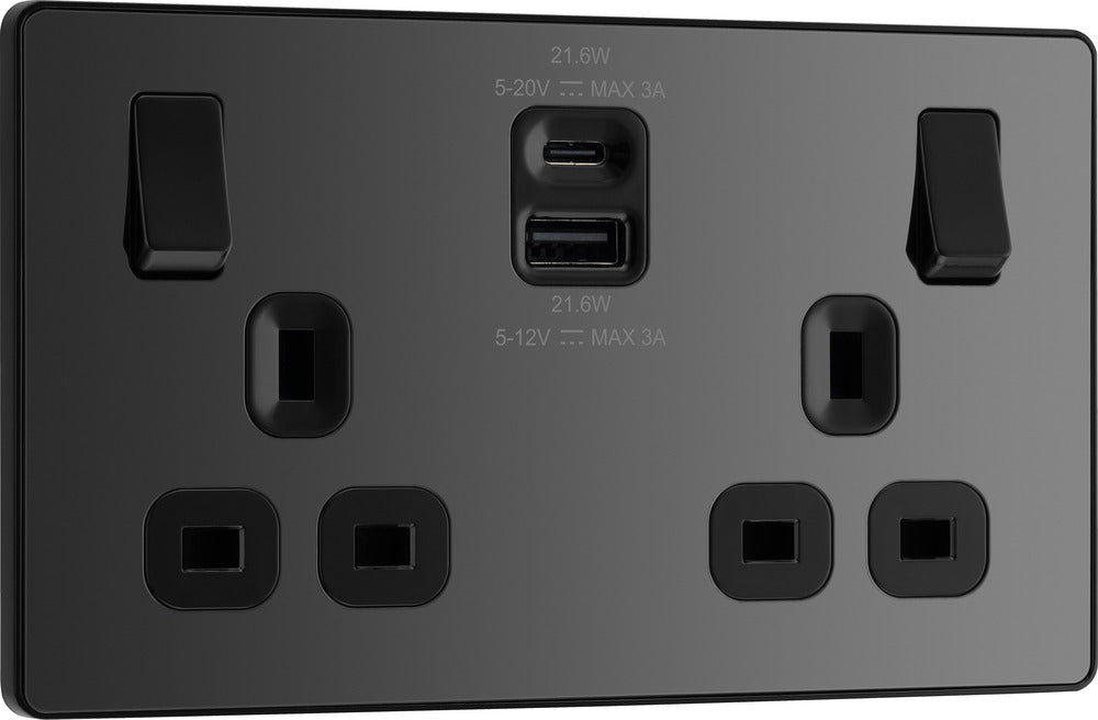 BG Evolve PCDBC22UAC22B 13A Double Switched Power Socket + USB A+C (22W) - Black Chrome (Black) - westbasedirect.com