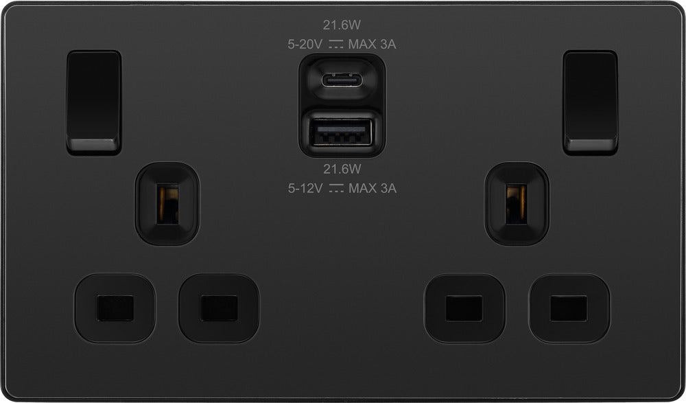 BG Evolve PCDBC22UAC22B 13A Double Switched Power Socket + USB A+C (22W) - Black Chrome (Black) - westbasedirect.com