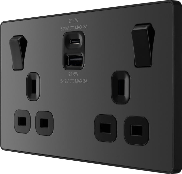 BG Evolve PCDBC22UAC22B 13A Double Switched Power Socket + USB A+C (22W) - Black Chrome (Black) - westbasedirect.com