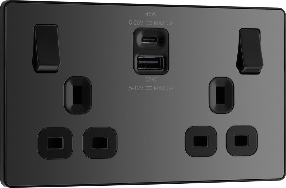 BG Evolve PCDBC22UAC45B 13A Double Switched Power Socket + USB A+C (45W) - Black Chrome (Black) - westbasedirect.com