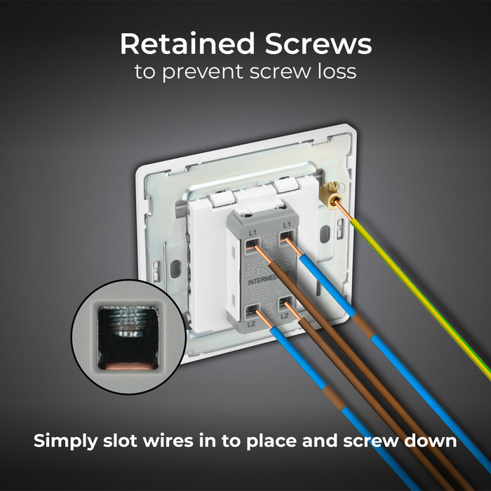 BG Evolve PCDBS13EW 20A 16AX 2 Way Single Intermediate Light Switch, Edge to Edge Rocker - Brushed Steel (White) - westbasedirect.com