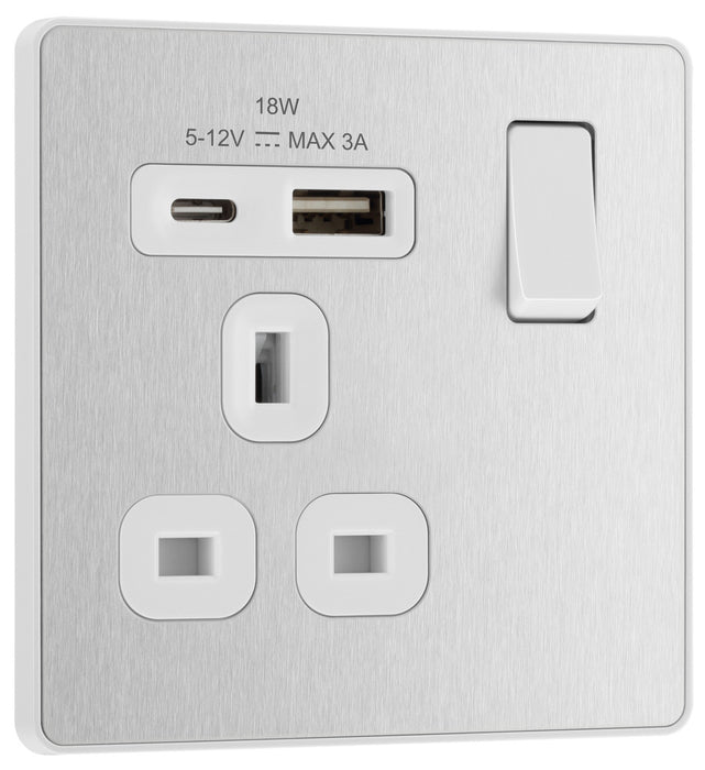 BG Evolve PCDBS21UAC18W 13A Single Switched Power Socket + USB A+C (18W) - Brushed Steel (White) - westbasedirect.com