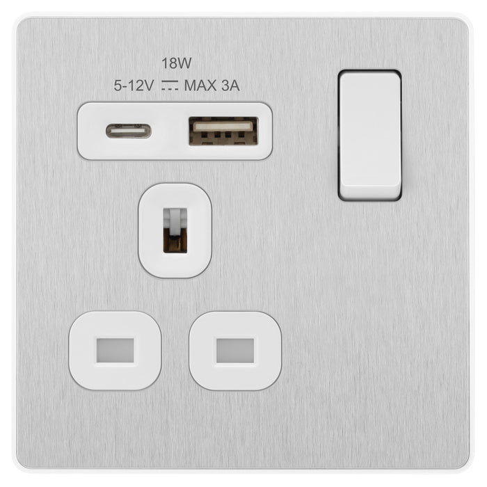 BG Evolve PCDBS21UAC18W 13A Single Switched Power Socket + USB A+C (18W) - Brushed Steel (White) - westbasedirect.com