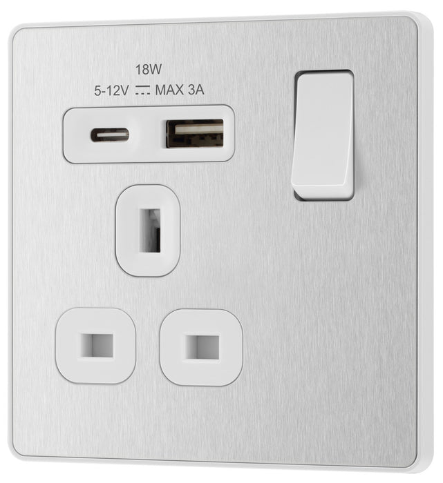 BG Evolve PCDBS21UAC18W 13A Single Switched Power Socket + USB A+C (18W) - Brushed Steel (White) - westbasedirect.com