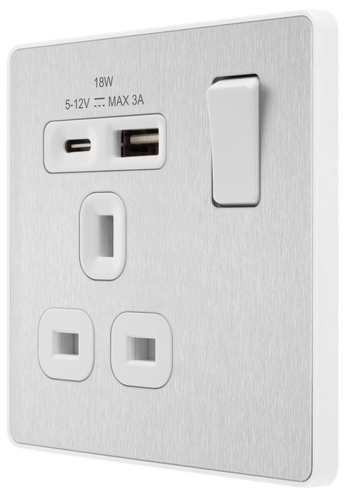 BG Evolve PCDBS21UAC18W 13A Single Switched Power Socket + USB A+C (18W) - Brushed Steel (White) - westbasedirect.com