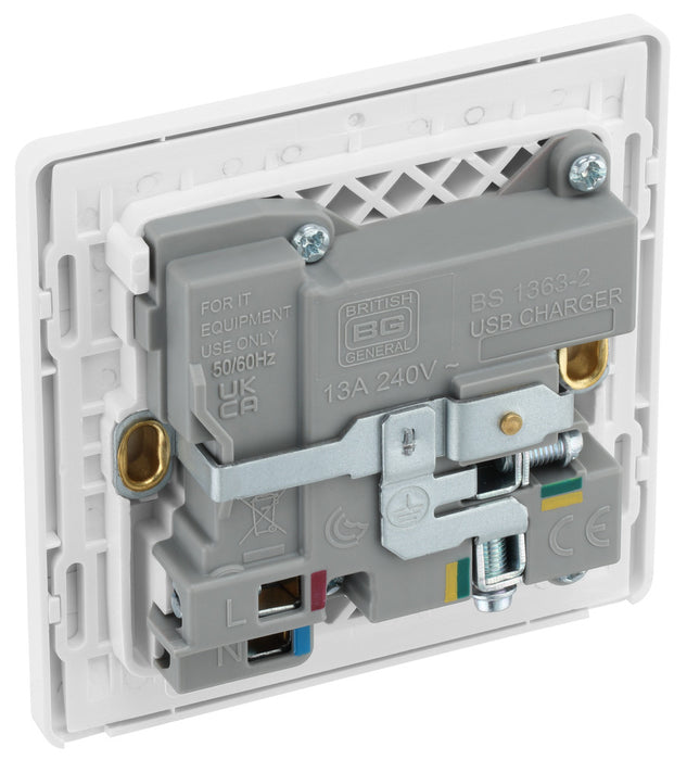 BG Evolve PCDBS21UAC18W 13A Single Switched Power Socket + USB A+C (18W) - Brushed Steel (White) - westbasedirect.com