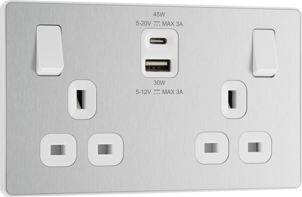 BG Evolve PCDBS22UAC45W 13A Double Switched Power Socket + USB A+C (45W) - Brushed Steel (White) - westbasedirect.com