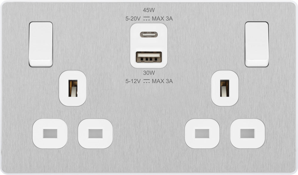BG Evolve PCDBS22UAC45W 13A Double Switched Power Socket + USB A+C (45W) - Brushed Steel (White) - westbasedirect.com