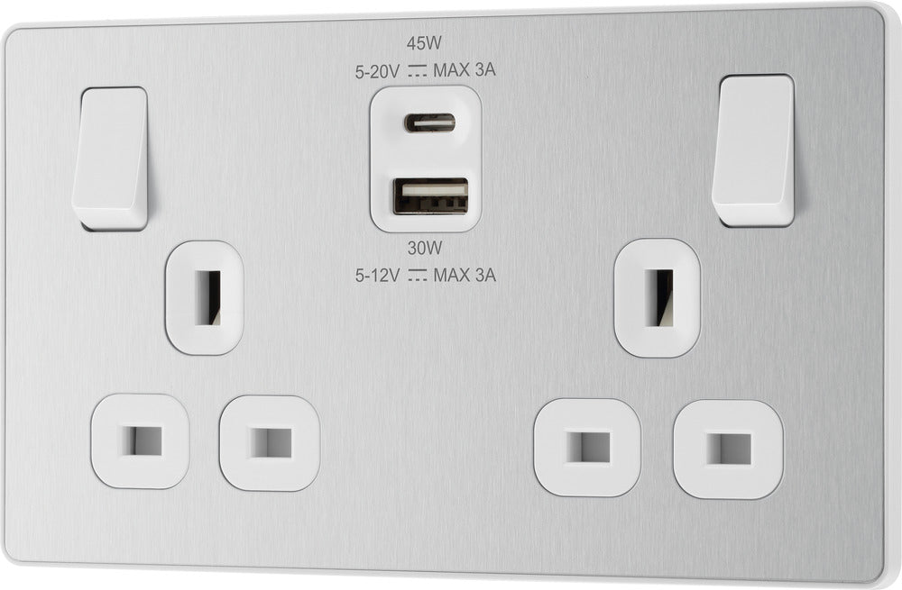 BG Evolve PCDBS22UAC45W 13A Double Switched Power Socket + USB A+C (45W) - Brushed Steel (White) - westbasedirect.com