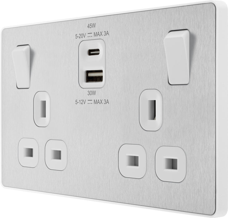 BG Evolve PCDBS22UAC45W 13A Double Switched Power Socket + USB A+C (45W) - Brushed Steel (White) - westbasedirect.com