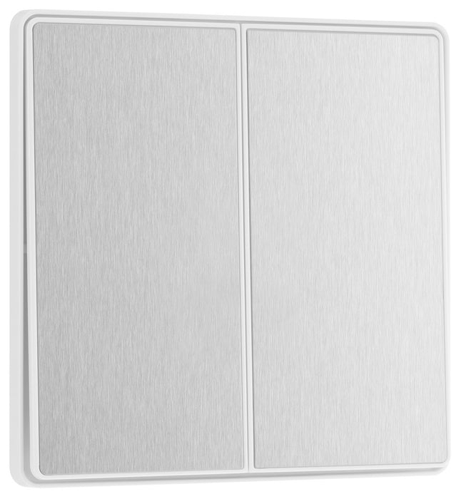 BG Evolve PCDBS42EW 20A 16AX 2 Way Double Light Switch, Edge to Edge Rocker - Brushed Steel (White)