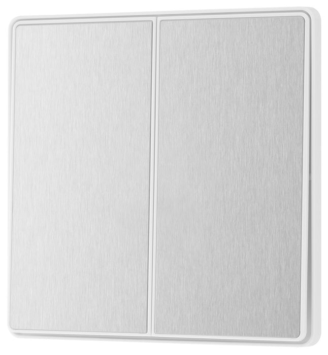 BG Evolve PCDBS42EW 20A 16AX 2 Way Double Light Switch, Edge to Edge Rocker - Brushed Steel (White) - westbasedirect.com