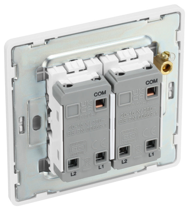 BG Evolve PCDBS42EW 20A 16AX 2 Way Double Light Switch, Edge to Edge Rocker - Brushed Steel (White) - westbasedirect.com