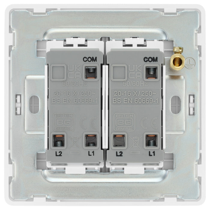 BG Evolve PCDBS42EW 20A 16AX 2 Way Double Light Switch, Edge to Edge Rocker - Brushed Steel (White) - westbasedirect.com