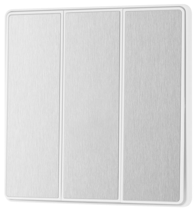 BG Evolve PCDBS43EW 20A 16AX 2 Way Triple Light Switch, Edge to Edge Rocker - Brushed Steel (White) - westbasedirect.com